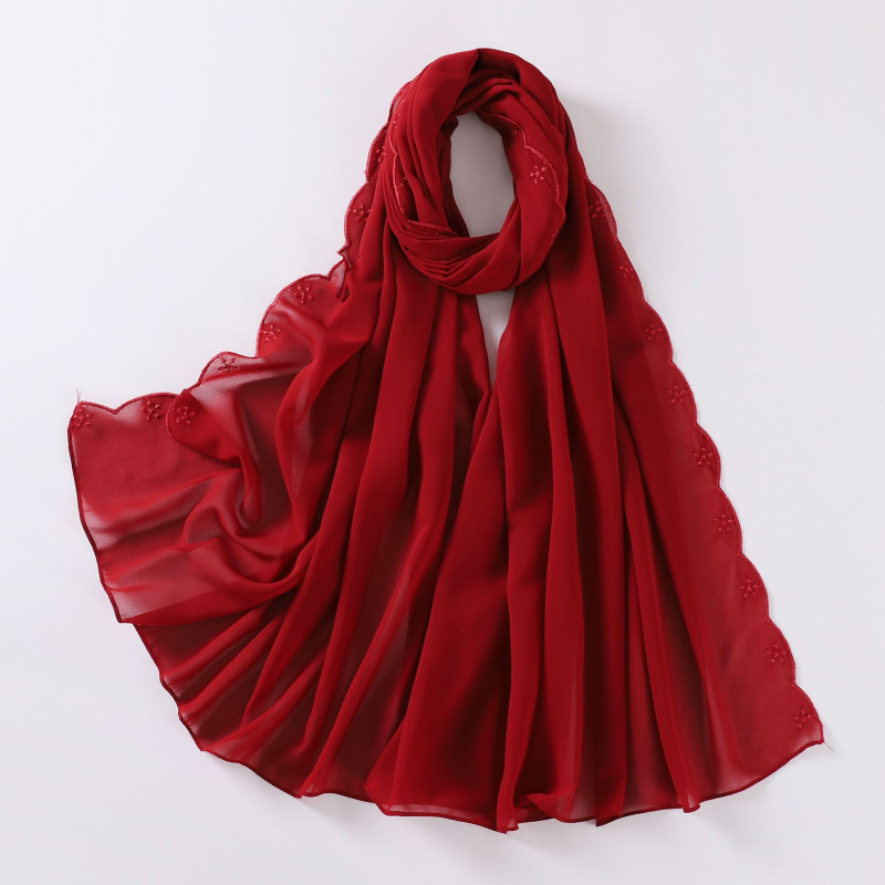 Női gyöngyhímzéses chiffon sál, maláj fejkendő, etnikai kisebbségi kendő