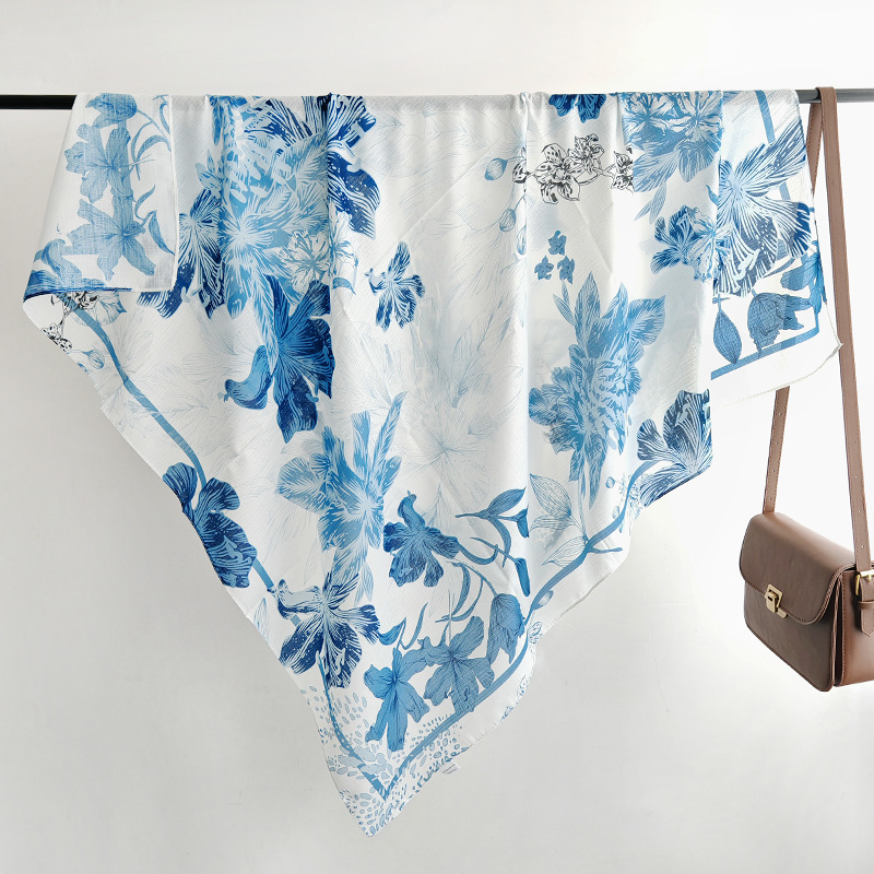 Svježi, lagani cvjetni otisak, imitacija svile i pamuka, kvadratni šal 110×110 cm, veliki ženski šal za kosu ili vrat
