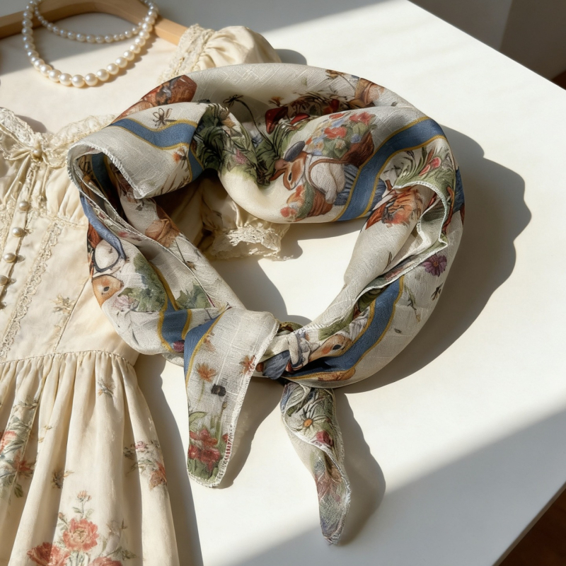 Ženski četvrtasti šal s motivom zeca, pamuk-linen materijal, svestran za glavu i vrat, zaštita od sunca