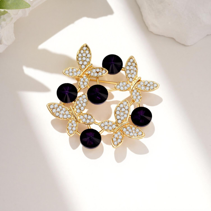 Broš od legure s rhinestones u obliku leptira i cvijeta, zlatni ton, dodatak za ženski sako