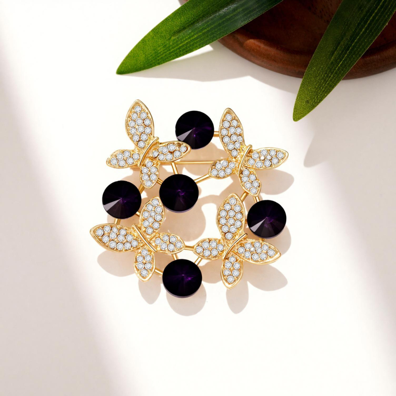 Broš od legure s rhinestones u obliku leptira i cvijeta, zlatni ton, dodatak za ženski sako