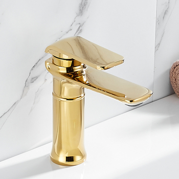 Дек-монтиран смесител за мивка в баня, изцяло меден, блестящ златист финиш, гореща и студена вода, керамичен картридж, модерен минималистичен дизайн