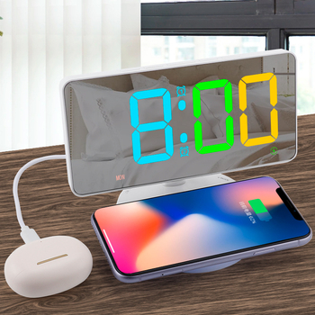 Νέο ρολόι αφύπνισης με καθρέφτη RGB, με μεγάλη LED οθόνη, ασύρματη φόρτιση, νυχτερινό φως και επιτραπέζιο ψηφιακό ρολόι