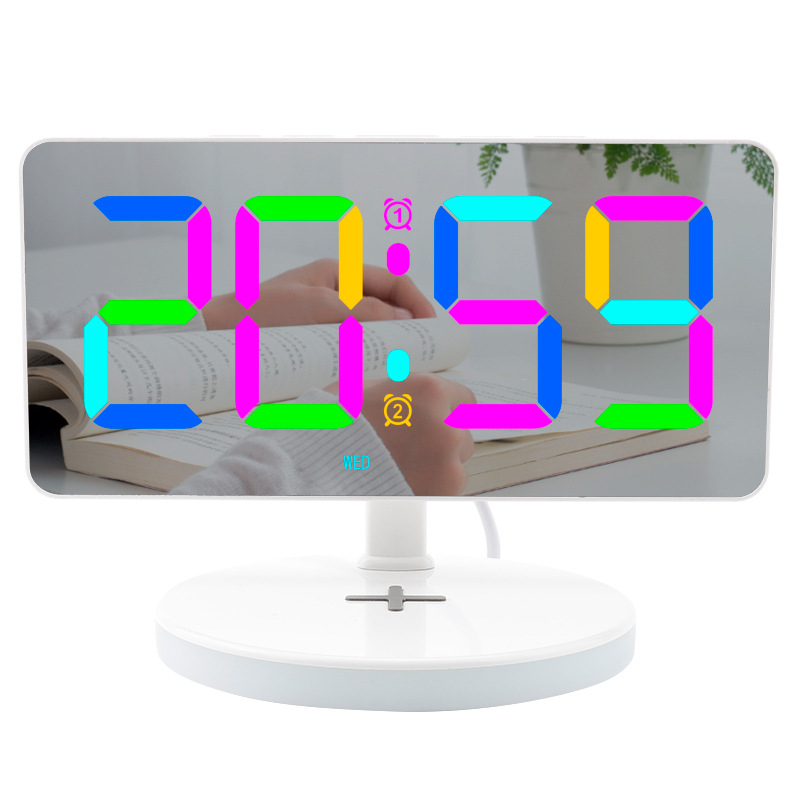 Νέο ρολόι αφύπνισης με καθρέφτη RGB, με μεγάλη LED οθόνη, ασύρματη φόρτιση, νυχτερινό φως και επιτραπέζιο ψηφιακό ρολόι