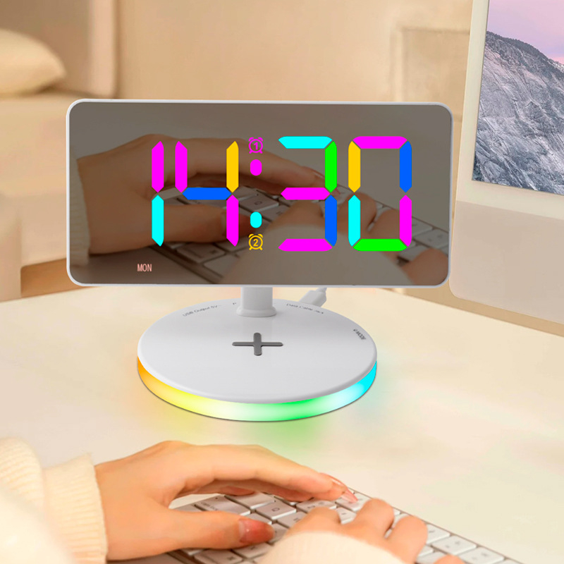 Νέο ρολόι αφύπνισης με καθρέφτη RGB, με μεγάλη LED οθόνη, ασύρματη φόρτιση, νυχτερινό φως και επιτραπέζιο ψηφιακό ρολόι