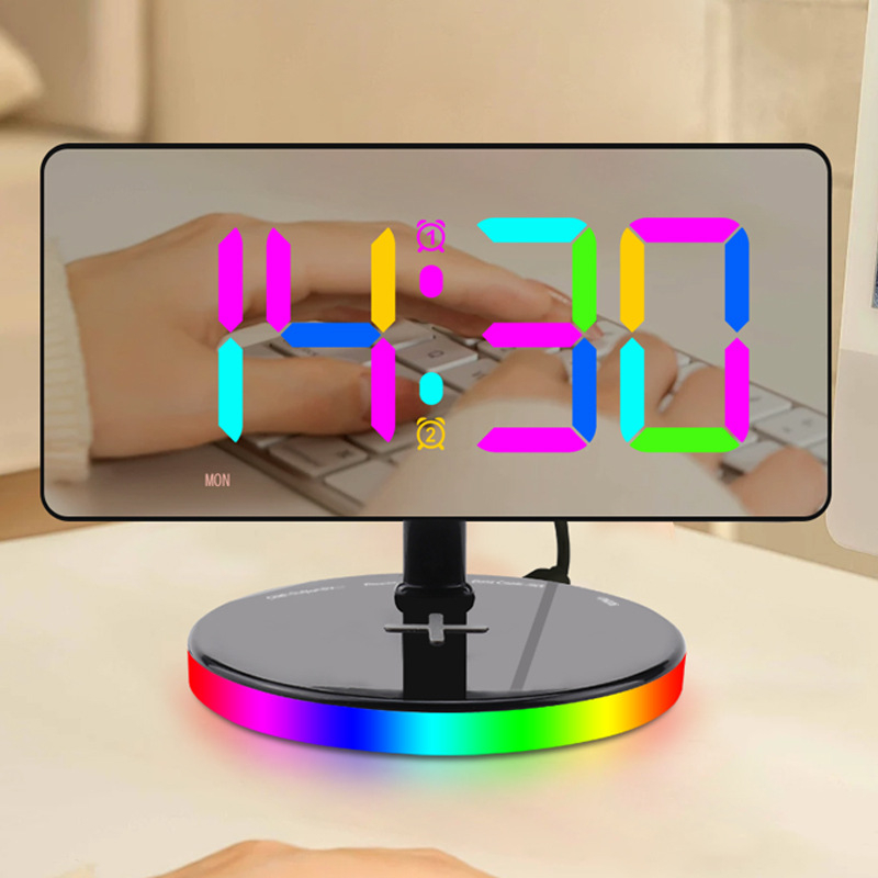 Νέο ρολόι αφύπνισης με καθρέφτη RGB, με μεγάλη LED οθόνη, ασύρματη φόρτιση, νυχτερινό φως και επιτραπέζιο ψηφιακό ρολόι