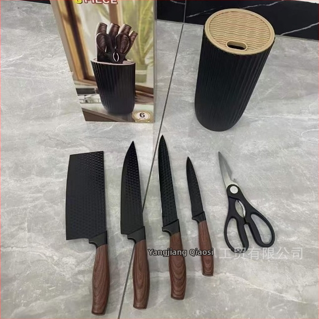 Sada nožov do kuchyne z nerezovej ocele, 6 dielna, rukoväť s dreveným vzorom, khaki farba, šesťuholníkový diamantový vzor, hrúbka čepele 1,2 cm, dĺžka čepele 23 cm