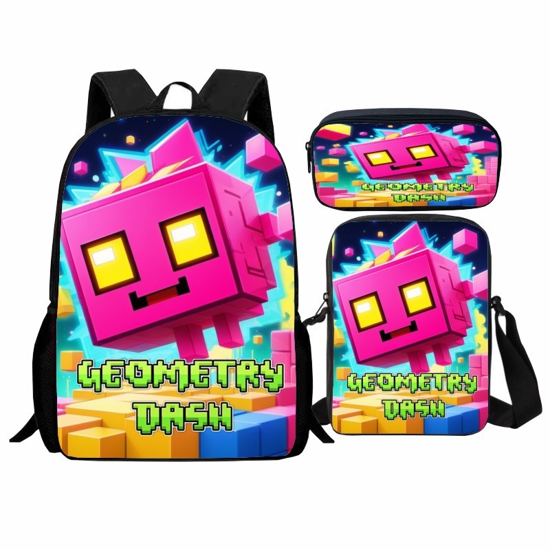 Σετ Geometry Dash για μαθητές: εκτυπωμένο γεωμετρικό μοτίβο, περιλαμβάνει σακίδιο, τσάντα ώμου και θήκη μολυβιών