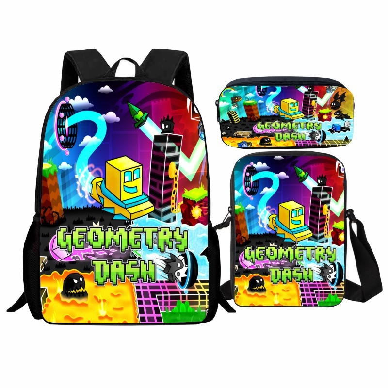 Σετ Geometry Dash για μαθητές: εκτυπωμένο γεωμετρικό μοτίβο, περιλαμβάνει σακίδιο, τσάντα ώμου και θήκη μολυβιών