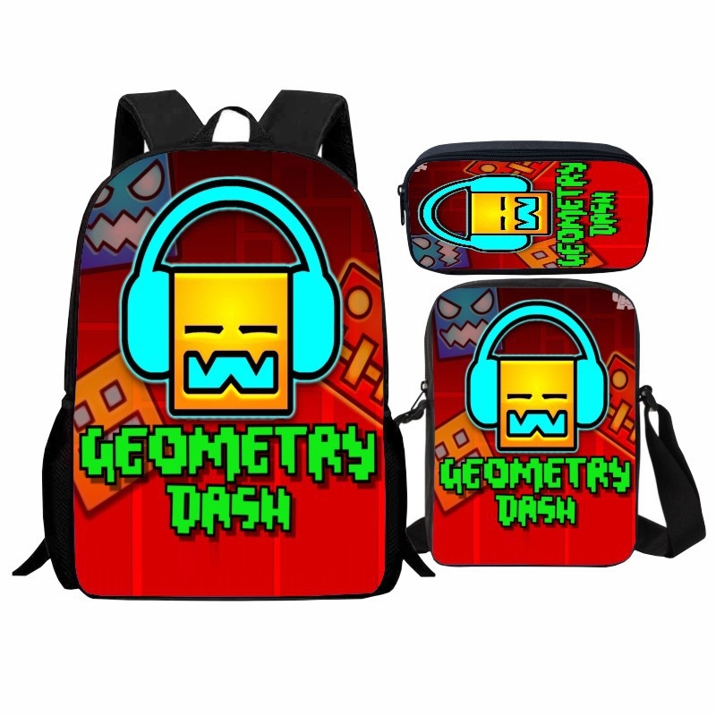 Σετ Geometry Dash για μαθητές: εκτυπωμένο γεωμετρικό μοτίβο, περιλαμβάνει σακίδιο, τσάντα ώμου και θήκη μολυβιών