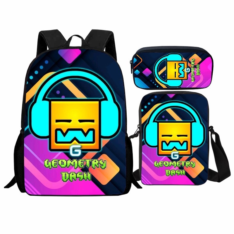 Σετ Geometry Dash για μαθητές: εκτυπωμένο γεωμετρικό μοτίβο, περιλαμβάνει σακίδιο, τσάντα ώμου και θήκη μολυβιών