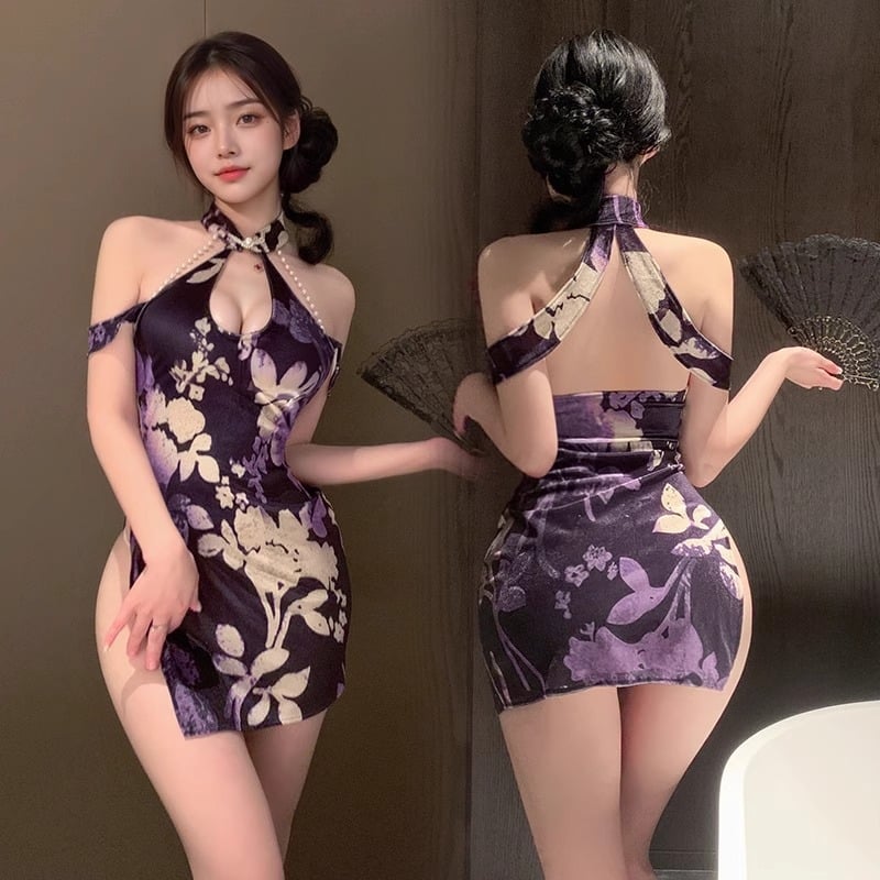 Lila velúr cheongsam virágos mintával és gyöngyös lánccal, hát rész nyitott, két részes készlet, elegáns kínai stílus