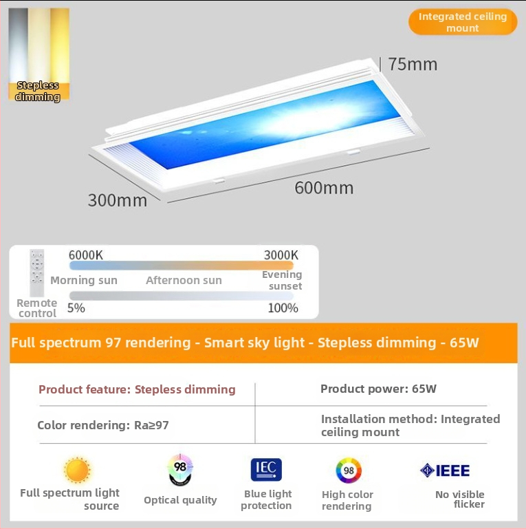 Integrované stropné svetlo Sky Light pre kuchyňu a kúpeľňu, modrá obloha svetlo