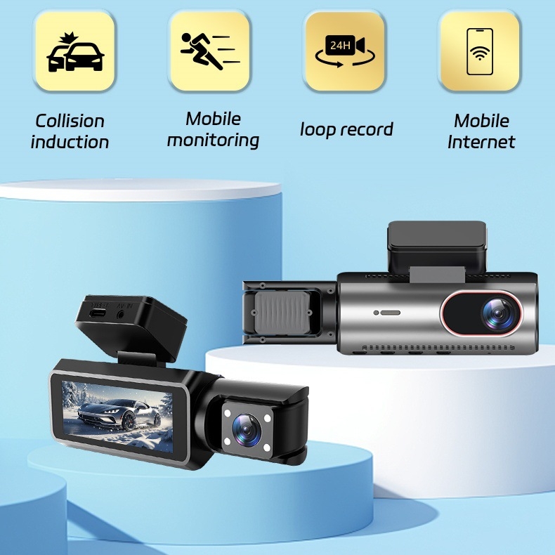 Trojlenska automobilska dash cam 1080p s noćnim snimanjem, Wi‑Fi, 3,0-inčni LCD, 140° širok kut gledanja, ugradnja na prednje staklo