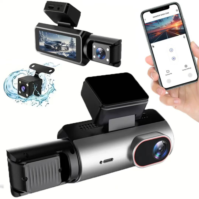 Trojlenska automobilska dash cam 1080p s noćnim snimanjem, Wi‑Fi, 3,0-inčni LCD, 140° širok kut gledanja, ugradnja na prednje staklo