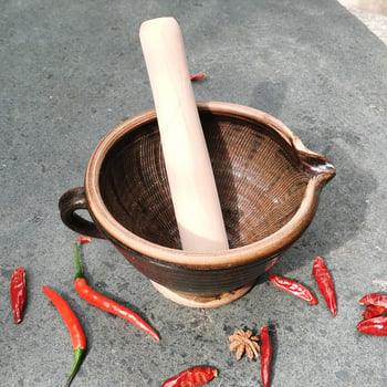 Kerámiából készült mozsár és törő, fokhagyma és chili zúzására, rizspasztához, teához és lótuszgyökérhez