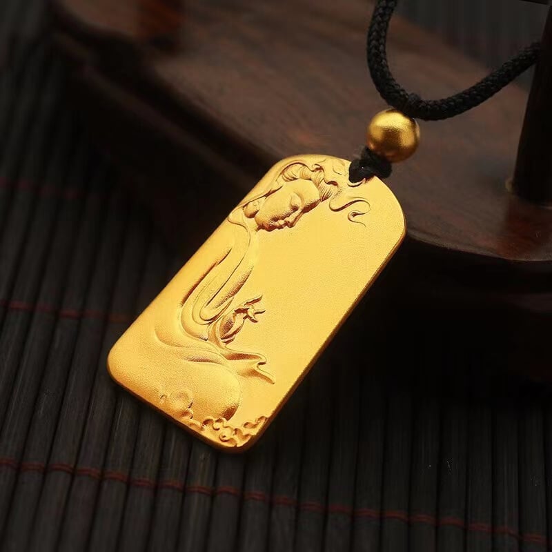 Guanyin privjesak na pozlaćenom bakrenom lančiću, unisex, retro stil, antički postupak izrade