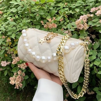 Ženska mini crossbody torbica s bisernim lancem, ljeto, cilindrični oblik, luksuzan izgled