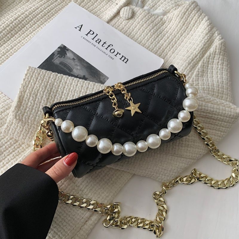 Ženska mini crossbody torbica s bisernim lancem, ljeto, cilindrični oblik, luksuzan izgled