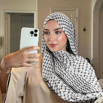 Chiffon nyomott fejkendő, 75×180 cm, napsugárzás elleni védelem és por elleni védelem, hosszú sál sivatagi stílusban, eredeti dizájn