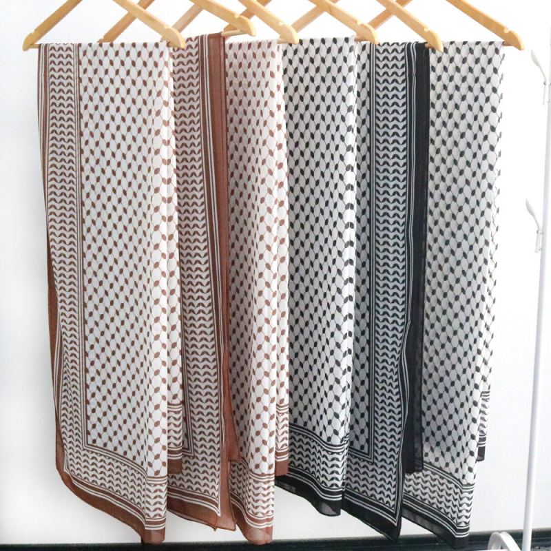 Chiffon nyomott fejkendő, 75×180 cm, napsugárzás elleni védelem és por elleni védelem, hosszú sál sivatagi stílusban, eredeti dizájn