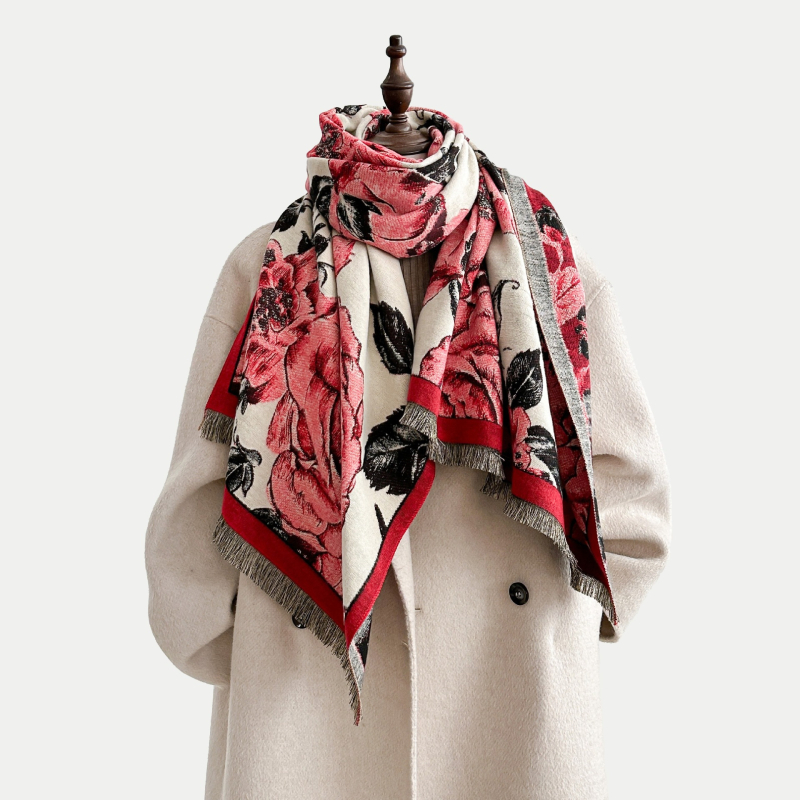 Elegáns rózsamintás cashmere-szerű sál nőknek, téli kiegészítő, 185×65 cm