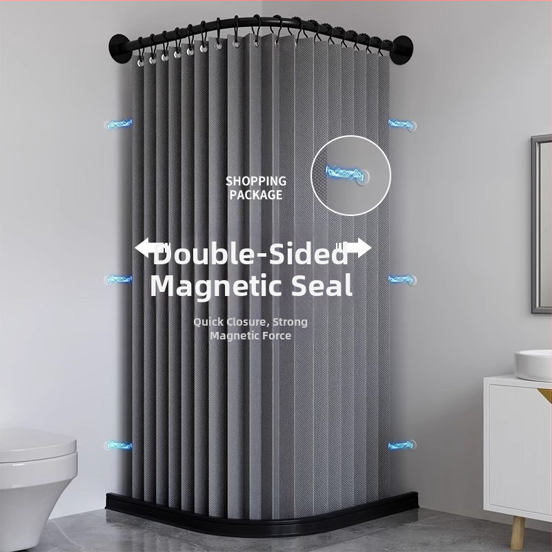 Zakrivený skladací magnetický set sprchových závesov pre L-tvarovanú sprchovaciu kabínu, hrubý vodotesný kúpeľový záves