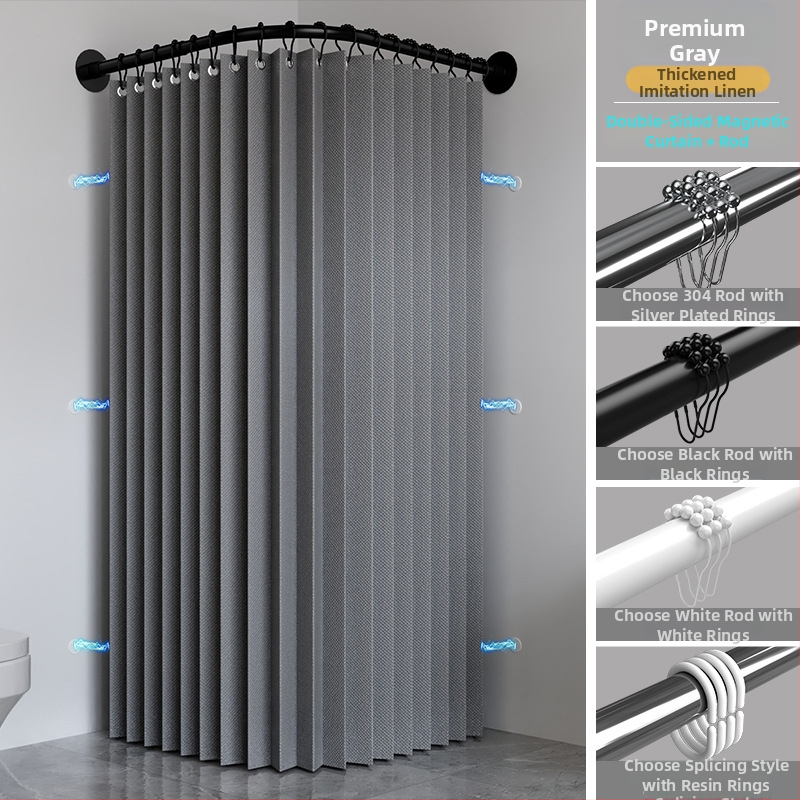 Zakrivený skladací magnetický set sprchových závesov pre L-tvarovanú sprchovaciu kabínu, hrubý vodotesný kúpeľový záves