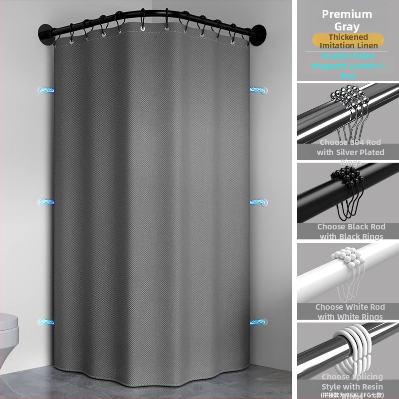Zakrivený skladací magnetický set sprchových závesov pre L-tvarovanú sprchovaciu kabínu, hrubý vodotesný kúpeľový záves