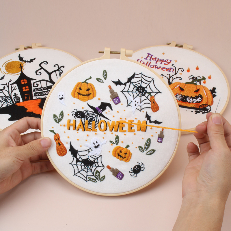 2024-es Halloween hímzés DIY anyagkészlet – pamutból készült kézi hímzés, nordikus stílus