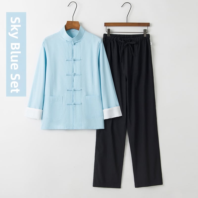 Ženský Hanfu top v čínsom štýle – retro Tang štýl s stojacim golierom a uzlami na gombíkoch, dlhé rukávy, zenové čajové oblečenie