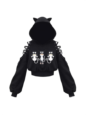 KOBPT Bluza din fleece pentru femei 2024, imprimeu pisică cu urechi, negru-alb, mâneci lungi, buric la vedere, stil anime japonez, casual street dance