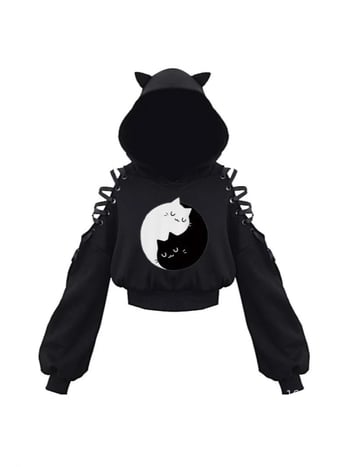 KOBPT Bluza din fleece pentru femei 2024, imprimeu pisică cu urechi, negru-alb, mâneci lungi, buric la vedere, stil anime japonez, casual street dance