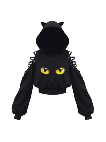 KOBPT Bluza din fleece pentru femei 2024, imprimeu pisică cu urechi, negru-alb, mâneci lungi, buric la vedere, stil anime japonez, casual street dance