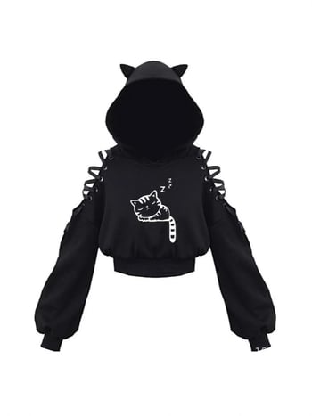 KOBPT Bluza din fleece pentru femei 2024, imprimeu pisică cu urechi, negru-alb, mâneci lungi, buric la vedere, stil anime japonez, casual street dance