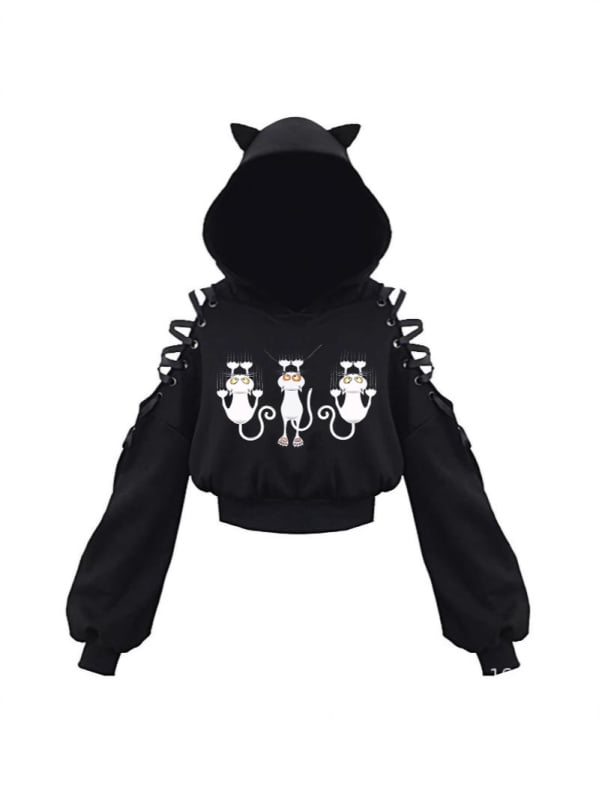 KOBPT Bluza din fleece pentru femei 2024, imprimeu pisică cu urechi, negru-alb, mâneci lungi, buric la vedere, stil anime japonez, casual street dance