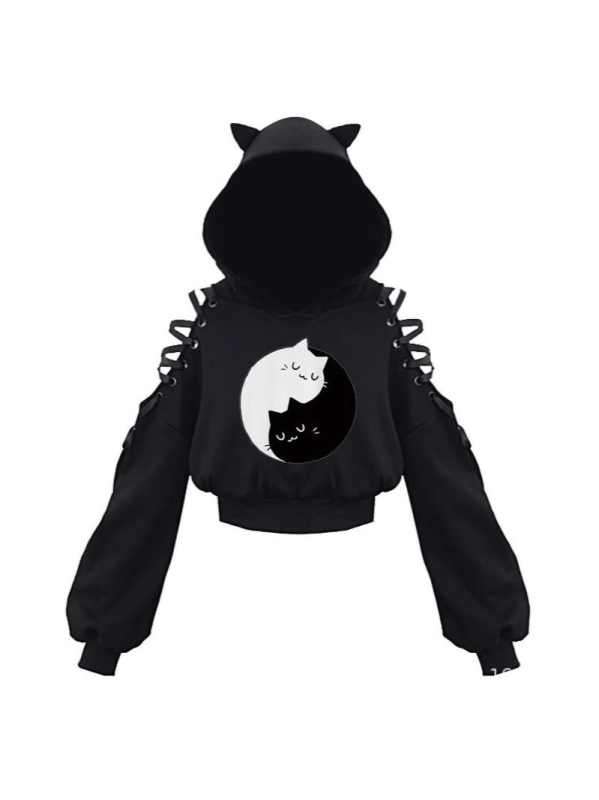 KOBPT Bluza din fleece pentru femei 2024, imprimeu pisică cu urechi, negru-alb, mâneci lungi, buric la vedere, stil anime japonez, casual street dance