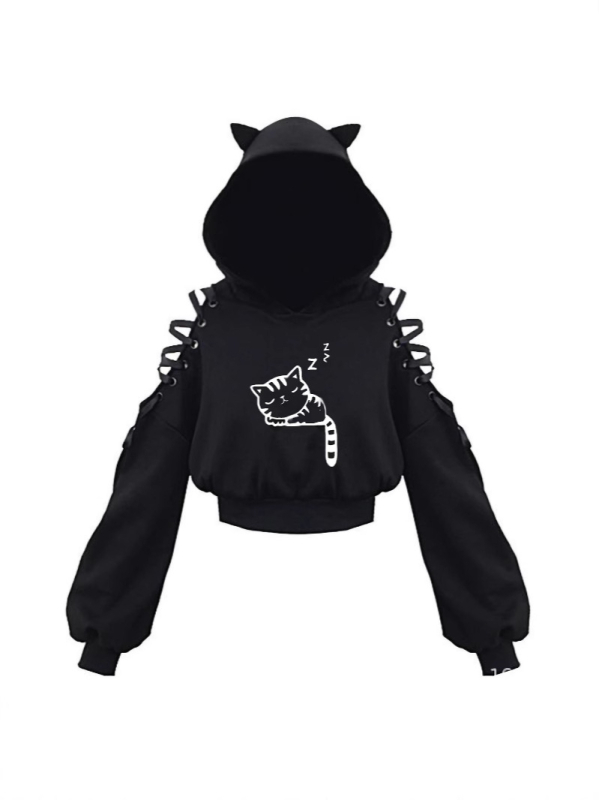 KOBPT Bluza din fleece pentru femei 2024, imprimeu pisică cu urechi, negru-alb, mâneci lungi, buric la vedere, stil anime japonez, casual street dance