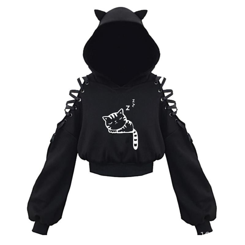 KOBPT Bluza din fleece pentru femei 2024, imprimeu pisică cu urechi, negru-alb, mâneci lungi, buric la vedere, stil anime japonez, casual street dance