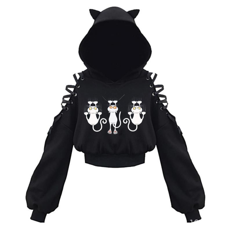 KOBPT Bluza din fleece pentru femei 2024, imprimeu pisică cu urechi, negru-alb, mâneci lungi, buric la vedere, stil anime japonez, casual street dance