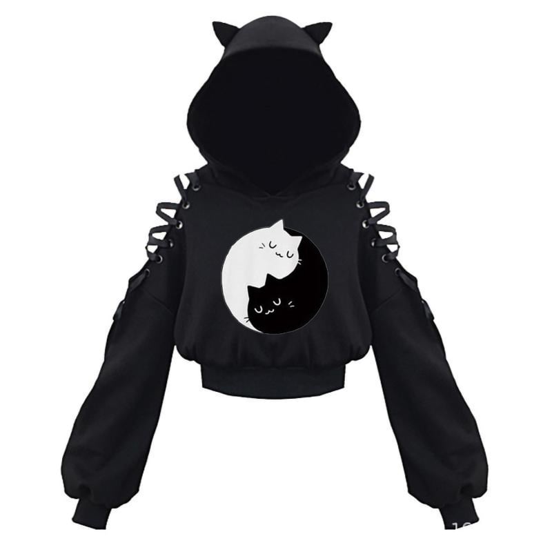 KOBPT Bluza din fleece pentru femei 2024, imprimeu pisică cu urechi, negru-alb, mâneci lungi, buric la vedere, stil anime japonez, casual street dance