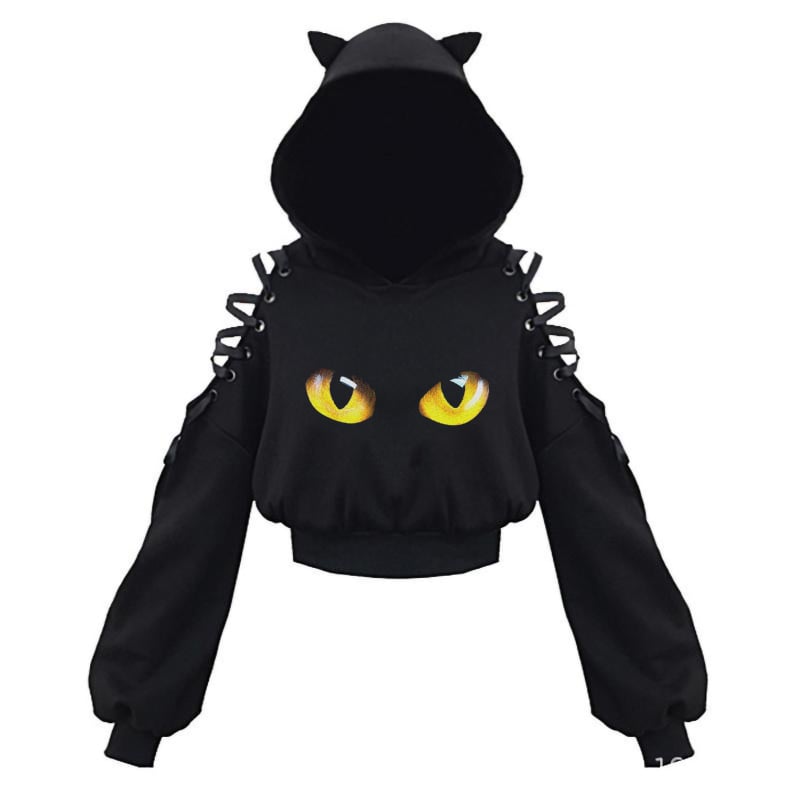 KOBPT Bluza din fleece pentru femei 2024, imprimeu pisică cu urechi, negru-alb, mâneci lungi, buric la vedere, stil anime japonez, casual street dance