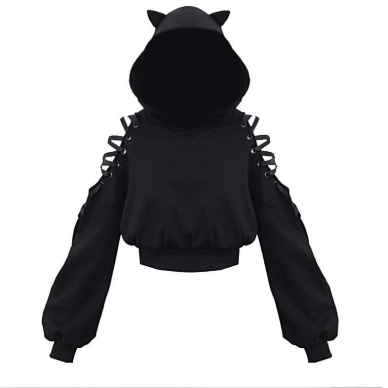 KOBPT Bluza din fleece pentru femei 2024, imprimeu pisică cu urechi, negru-alb, mâneci lungi, buric la vedere, stil anime japonez, casual street dance