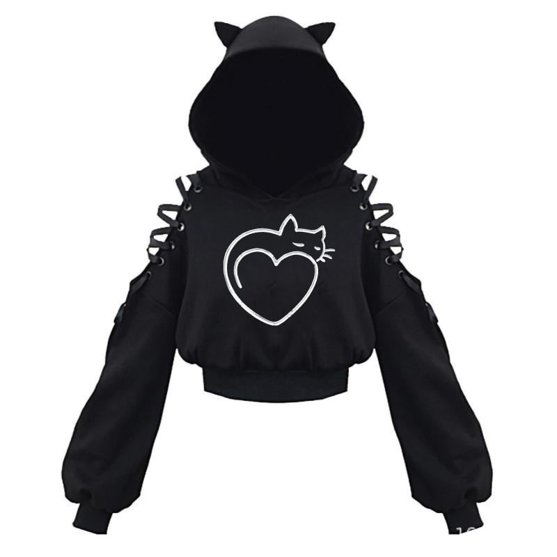 KOBPT Bluza din fleece pentru femei 2024, imprimeu pisică cu urechi, negru-alb, mâneci lungi, buric la vedere, stil anime japonez, casual street dance
