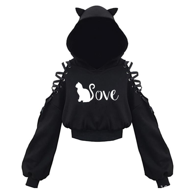 KOBPT Bluza din fleece pentru femei 2024, imprimeu pisică cu urechi, negru-alb, mâneci lungi, buric la vedere, stil anime japonez, casual street dance
