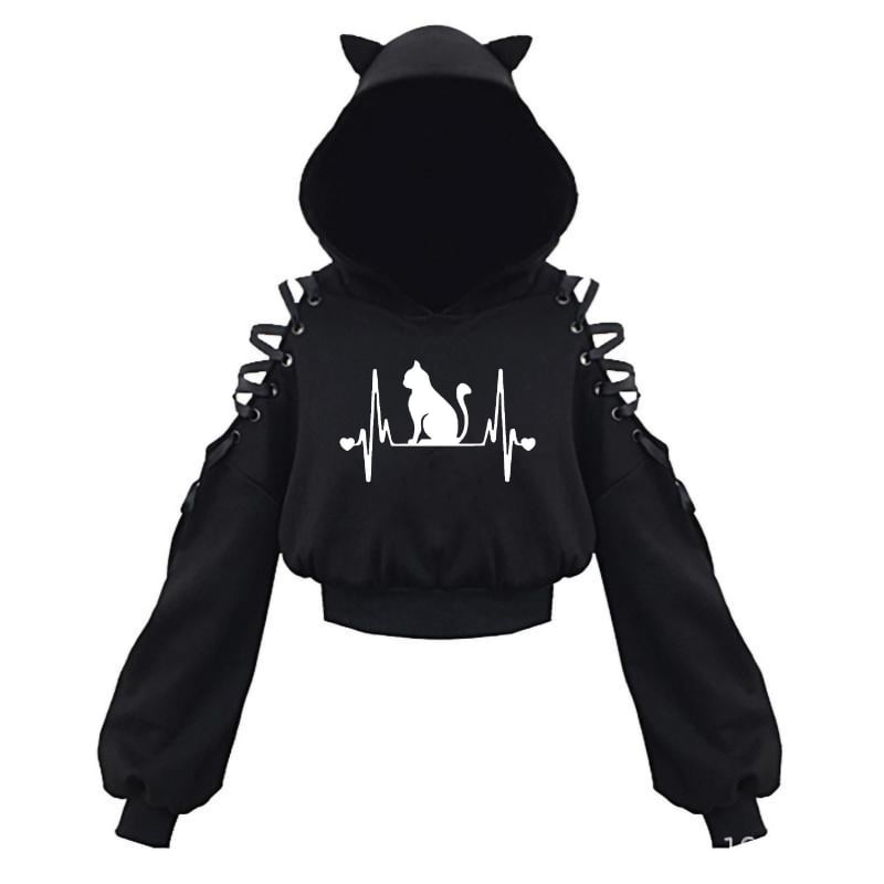KOBPT Bluza din fleece pentru femei 2024, imprimeu pisică cu urechi, negru-alb, mâneci lungi, buric la vedere, stil anime japonez, casual street dance