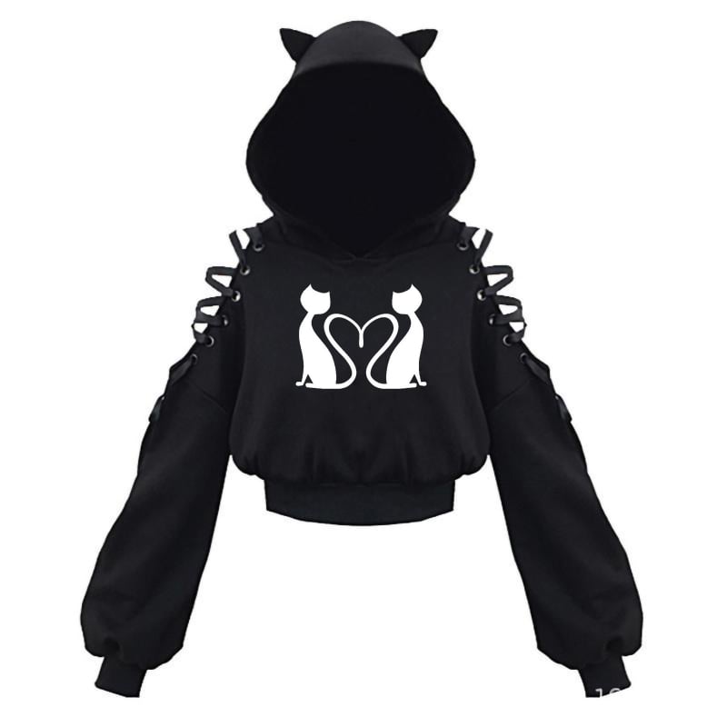KOBPT Bluza din fleece pentru femei 2024, imprimeu pisică cu urechi, negru-alb, mâneci lungi, buric la vedere, stil anime japonez, casual street dance