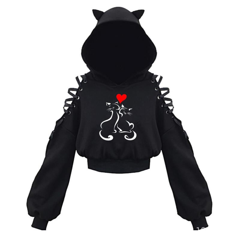 KOBPT Bluza din fleece pentru femei 2024, imprimeu pisică cu urechi, negru-alb, mâneci lungi, buric la vedere, stil anime japonez, casual street dance
