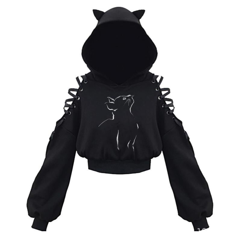 KOBPT Bluza din fleece pentru femei 2024, imprimeu pisică cu urechi, negru-alb, mâneci lungi, buric la vedere, stil anime japonez, casual street dance