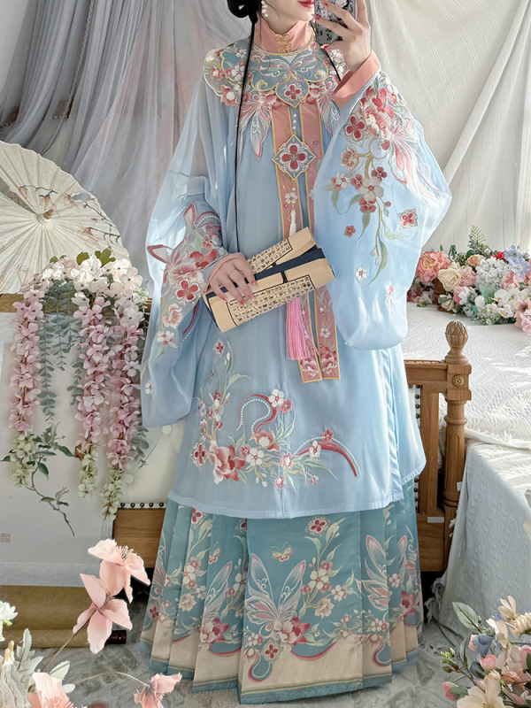 Hanfu s oblačnim ramenima, proljetno-ljetni set s suknjom s motivom konja, vez, mrežasti materijal, poliester